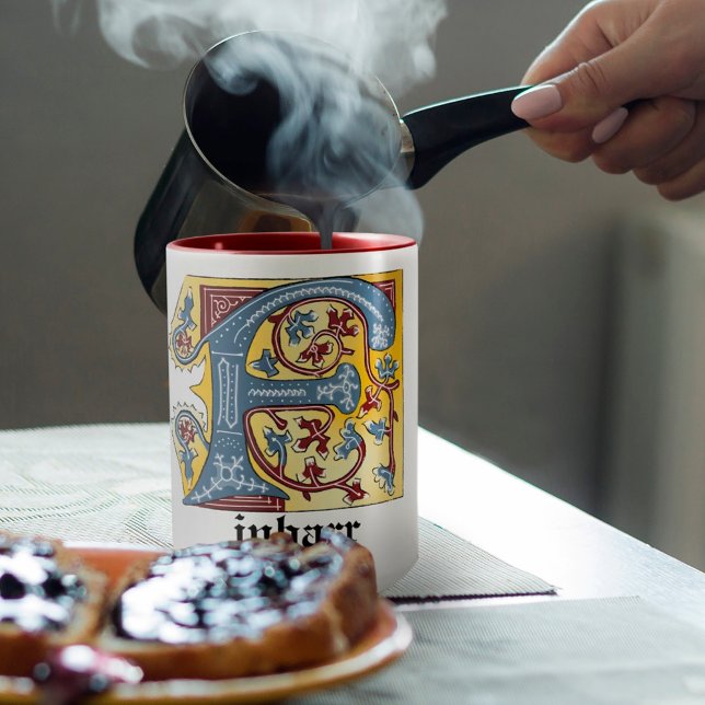 Medieval Blue and Red Ivy Illuminated Letter F Mug (Creator Uploaded)