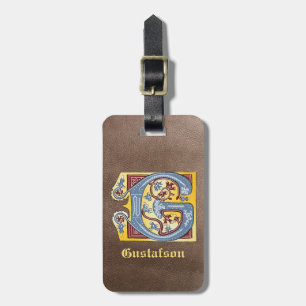 Medieval Blue and Red Ivy Illuminated Letter G Luggage Tag