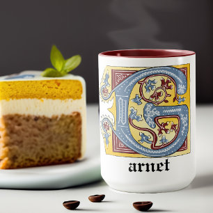 Medieval Blue and Red Ivy Illuminated Letter G Mug