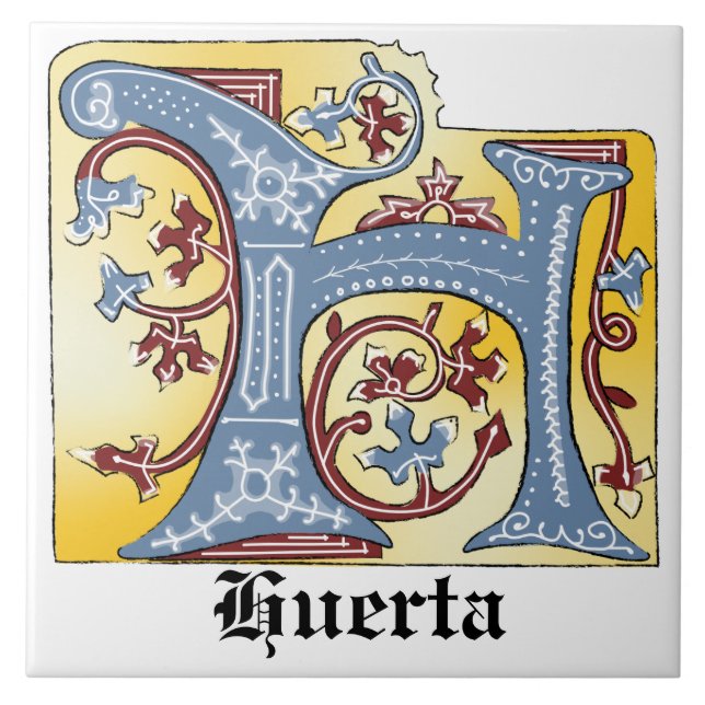 Medieval Blue and Red Ivy Illuminated Letter H Ceramic Tile (Front)
