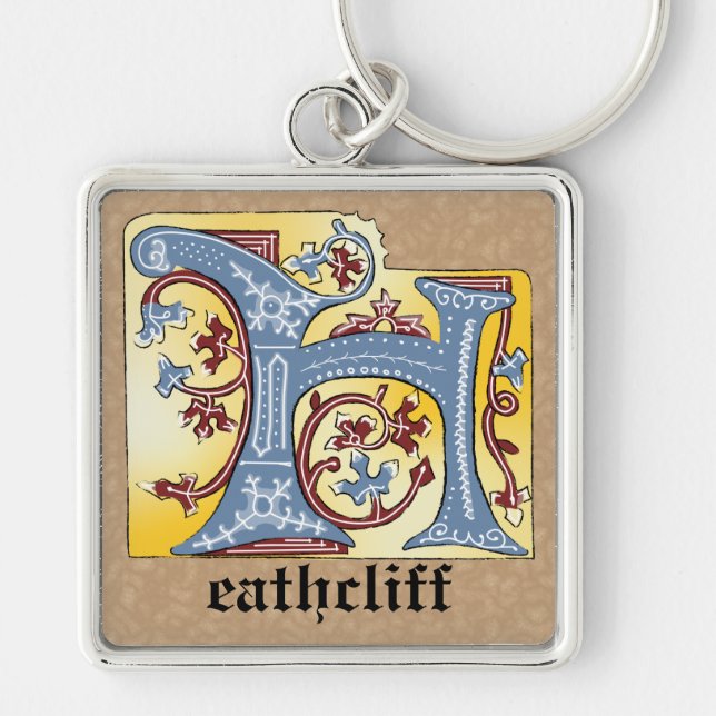 Medieval Blue and Red Ivy Illuminated Letter H Keychain (Front)