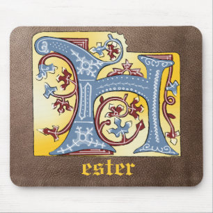 Medieval Blue and Red Ivy Illuminated Letter H Mouse Pad