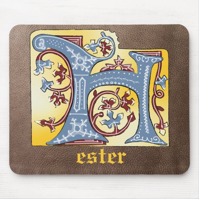 Medieval Blue and Red Ivy Illuminated Letter H Mouse Pad (Front)