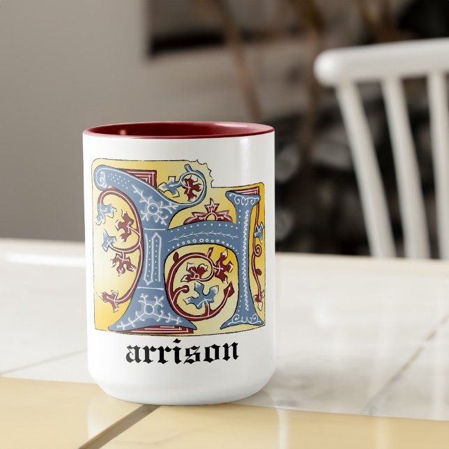 Medieval Blue and Red Ivy Illuminated Letter H Mug (Creator Uploaded)