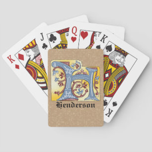 Medieval Blue and Red Ivy Illuminated Letter H Poker Cards