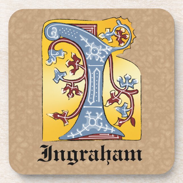 Medieval Blue and Red Ivy Illuminated Letter I Beverage Coaster (Front)