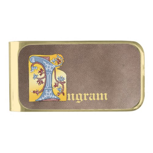 Medieval Blue and Red Ivy Illuminated Letter I Gold Finish Money Clip