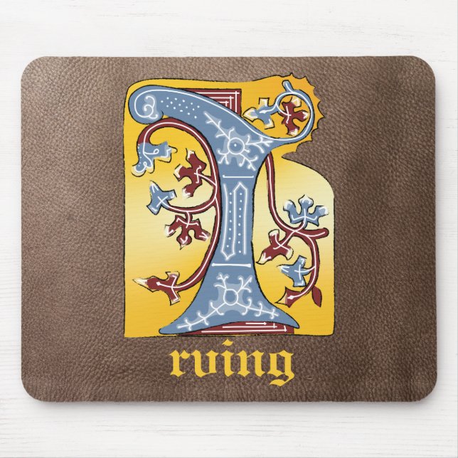 Medieval Blue and Red Ivy Illuminated Letter I Mouse Pad (Front)