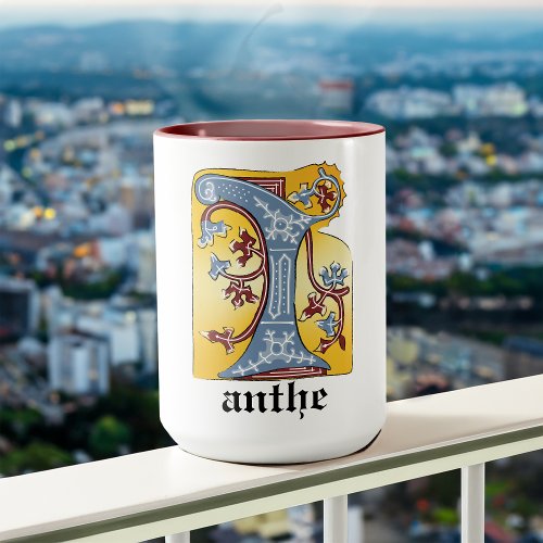 Medieval Blue and Red Ivy Illuminated Letter I Mug