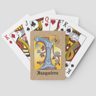 Medieval Blue and Red Ivy Illuminated Letter I Poker Cards