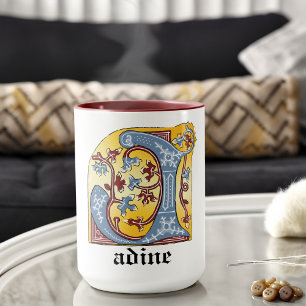 Medieval Blue and Red Ivy Illuminated Letter J Mug