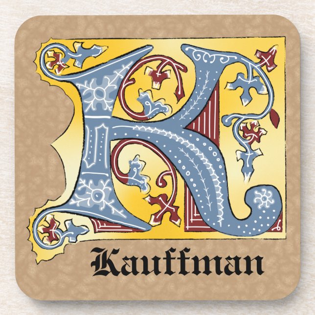Medieval Blue and Red Ivy Illuminated Letter K Beverage Coaster (Front)
