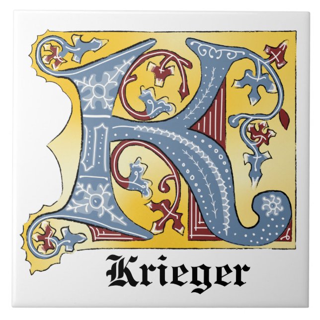 Medieval Blue and Red Ivy Illuminated Letter K Ceramic Tile (Front)