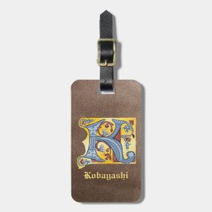 Medieval Blue and Red Ivy Illuminated Letter K Luggage Tag