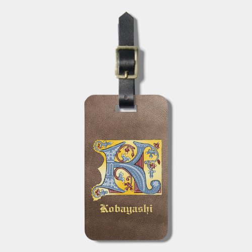 Medieval Blue and Red Ivy Illuminated Letter K Luggage Tag