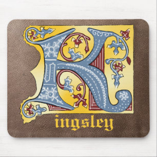 Medieval Blue and Red Ivy Illuminated Letter K Mouse Pad