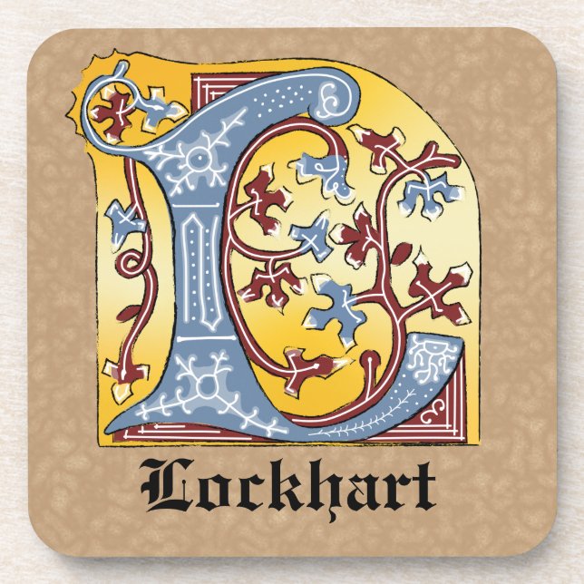 Medieval Blue and Red Ivy Illuminated Letter L Beverage Coaster (Front)