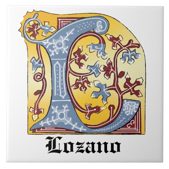 Medieval Blue and Red Ivy Illuminated Letter L Ceramic Tile (Front)
