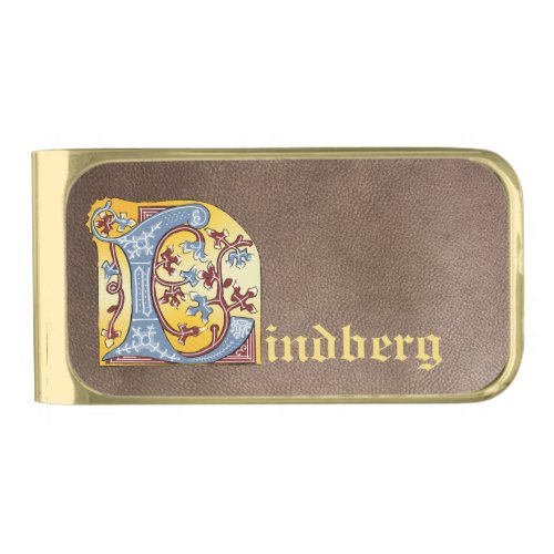 Medieval Blue and Red Ivy Illuminated Letter L Gold Finish Money Clip