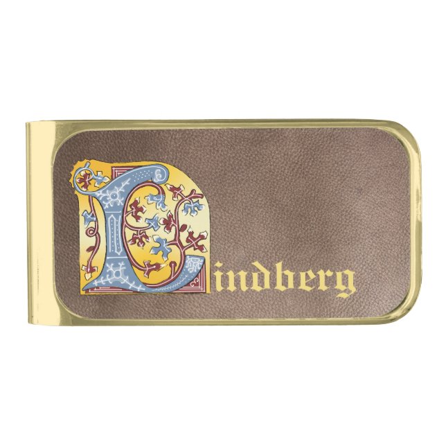 Medieval Blue and Red Ivy Illuminated Letter L Gold Finish Money Clip (Front)
