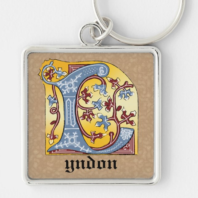 Medieval Blue and Red Ivy Illuminated Letter L Keychain (Front)