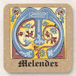 Medieval Blue and Red Ivy Illuminated Letter M Beverage Coaster
