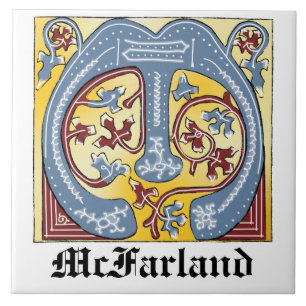 Medieval Blue and Red Ivy Illuminated Letter M Ceramic Tile