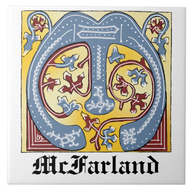 Medieval Blue and Red Ivy Illuminated Letter M Ceramic Tile (Front)