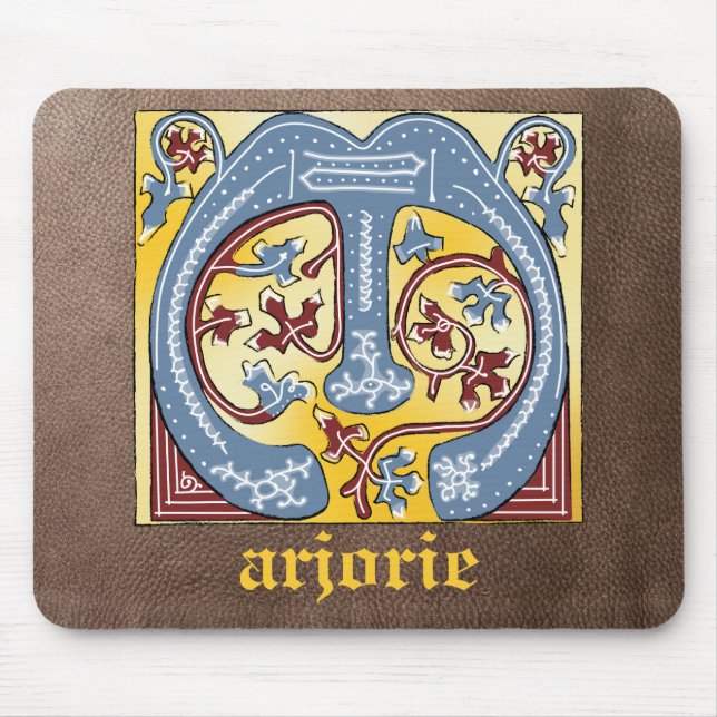 Medieval Blue and Red Ivy Illuminated Letter M Mouse Pad (Front)