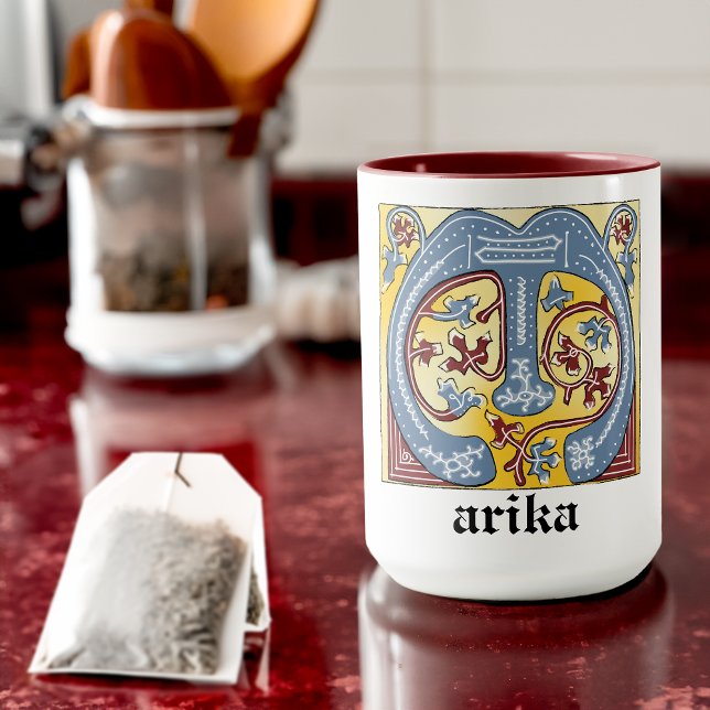 Medieval Blue and Red Ivy Illuminated Letter M Mug (Creator Uploaded)