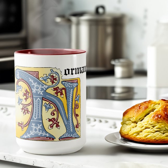 Medieval Blue and Red Ivy Illuminated Letter N Mug (Creator Uploaded)