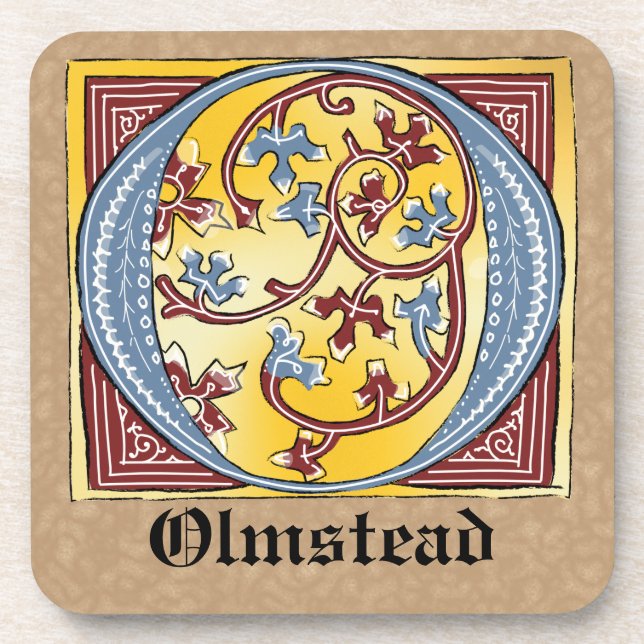 Medieval Blue and Red Ivy Illuminated Letter O Beverage Coaster (Front)