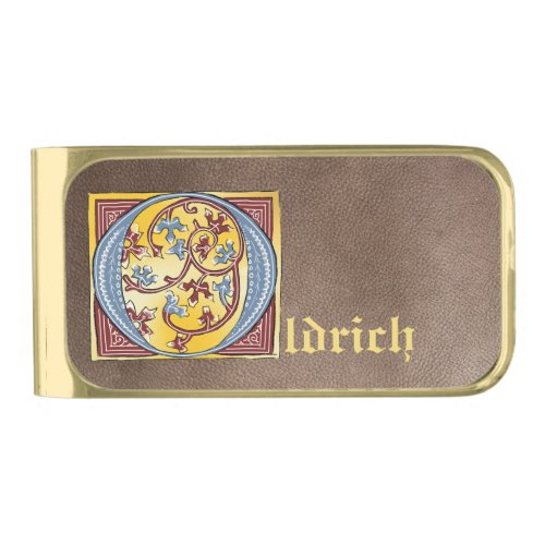 Medieval Blue and Red Ivy Illuminated Letter O Gold Finish Money Clip