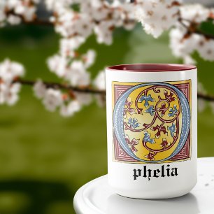 Medieval Blue and Red Ivy Illuminated Letter O Mug