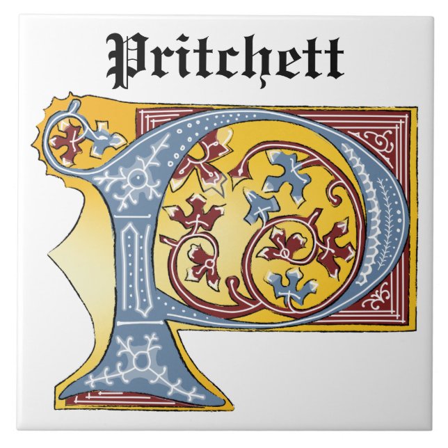 Medieval Blue and Red Ivy Illuminated Letter P Ceramic Tile (Front)