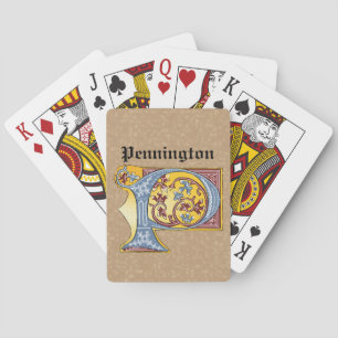 Medieval Blue and Red Ivy Illuminated Letter P Poker Cards