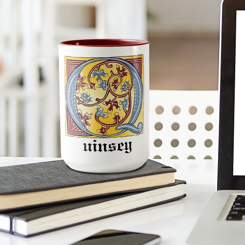 Medieval Blue and Red Ivy Illuminated Letter Q Mug