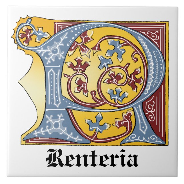 Medieval Blue and Red Ivy Illuminated Letter R Ceramic Tile (Front)