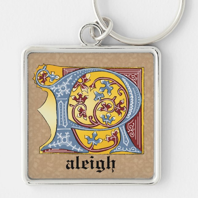 Medieval Blue and Red Ivy Illuminated Letter R Keychain (Front)