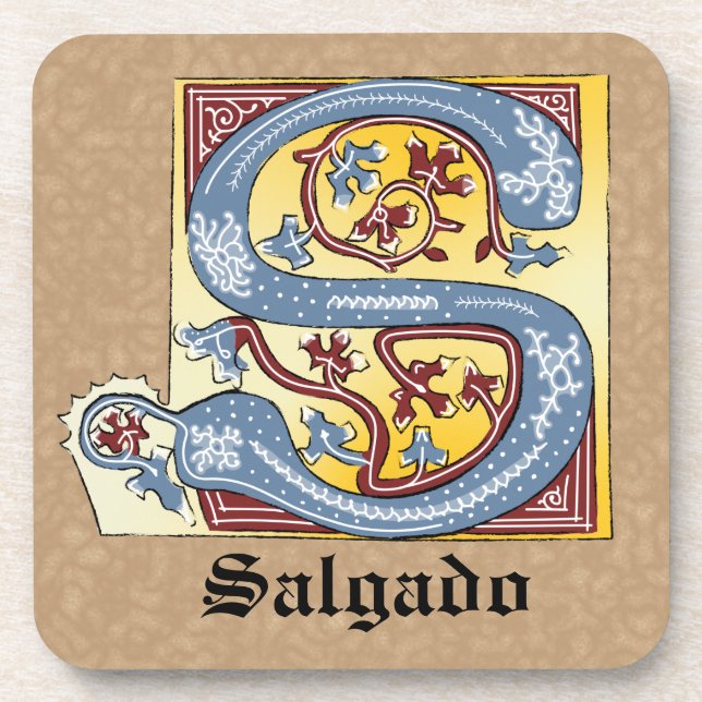 Medieval Blue and Red Ivy Illuminated Letter S Beverage Coaster (Front)