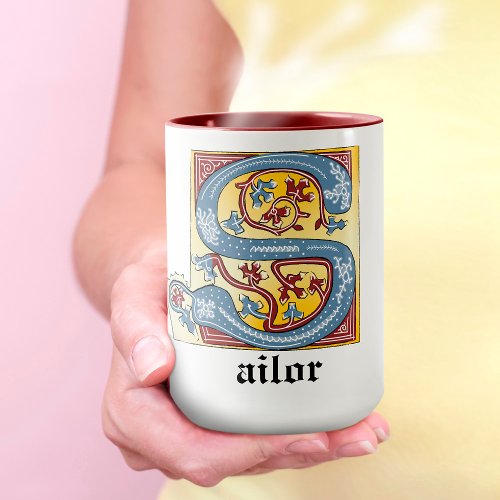 Medieval Blue and Red Ivy Illuminated Letter S Mug