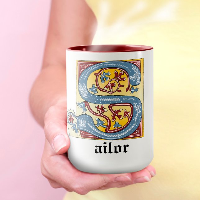 Medieval Blue and Red Ivy Illuminated Letter S Mug (Creator Uploaded)