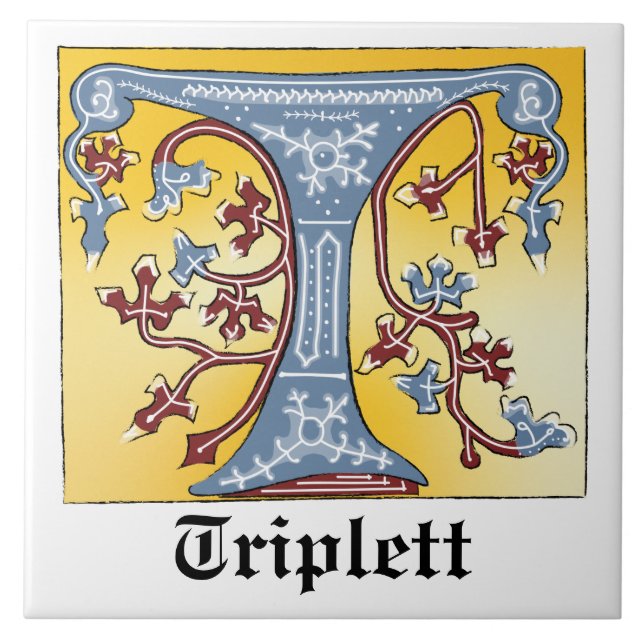 Medieval Blue and Red Ivy Illuminated Letter T Ceramic Tile (Front)