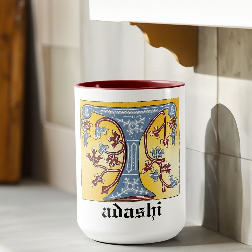 Medieval Blue and Red Ivy Illuminated Letter T Mug