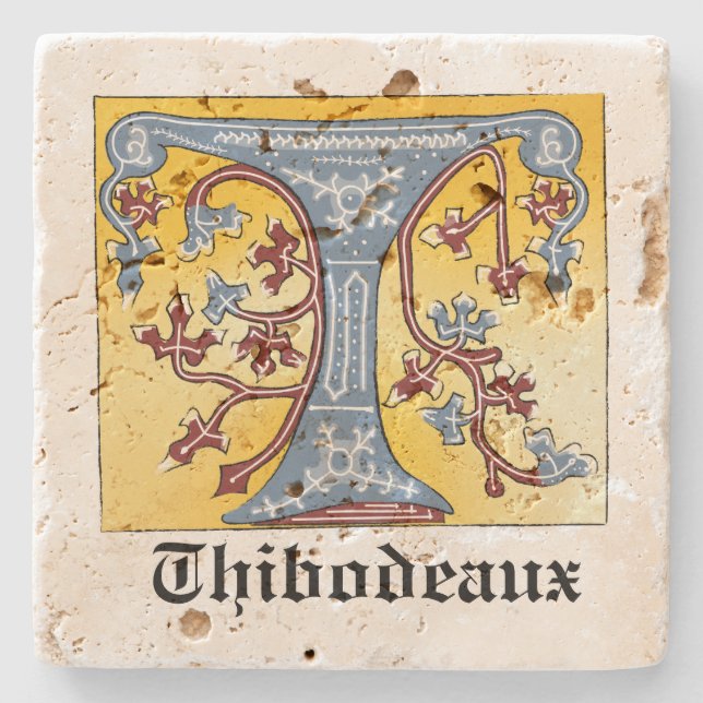 Medieval Blue and Red Ivy Illuminated Letter T Stone Coaster (Front)