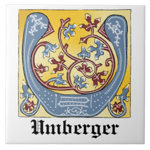 Medieval Blue and Red Ivy Illuminated Letter U Ceramic Tile