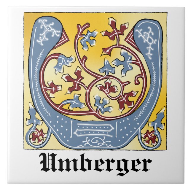 Medieval Blue and Red Ivy Illuminated Letter U Ceramic Tile (Front)