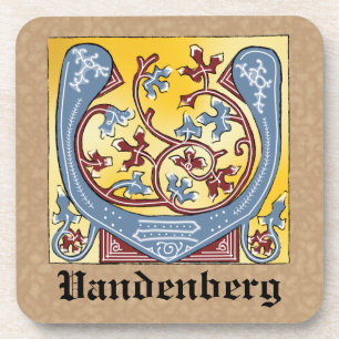 Medieval Blue and Red Ivy Illuminated Letter V Beverage Coaster
