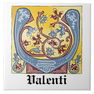 Medieval Blue and Red Ivy Illuminated Letter V Ceramic Tile