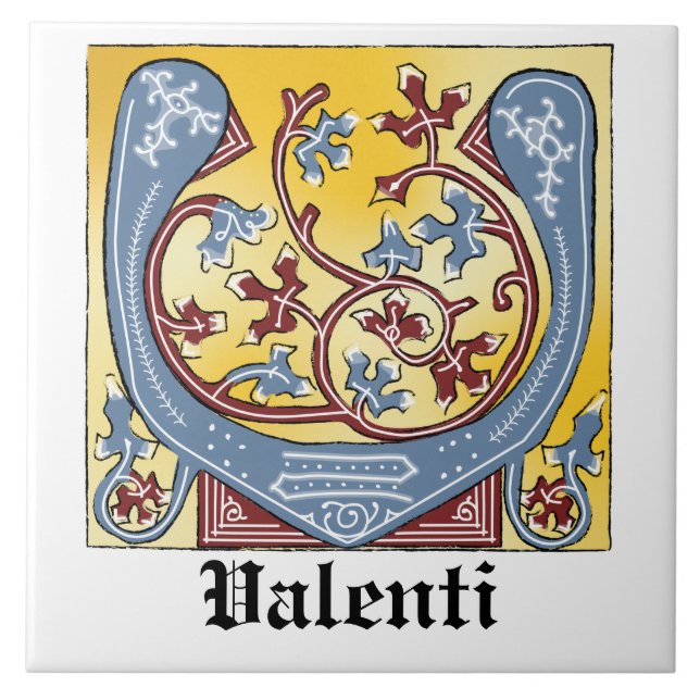 Medieval Blue and Red Ivy Illuminated Letter V Ceramic Tile (Front)